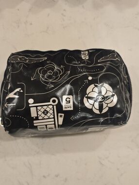 CHANEL Black & White Camellia Airplane Travel Graphic Cosmetic Pouch